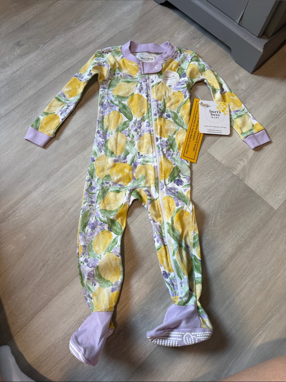 NWT Burt's Bees Lemon Print Footed One-Piece with Lavender Trim